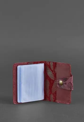 Женский кожаный кард-кейс 7.1 (Книжечка) бордовый с перьями. - фото 4