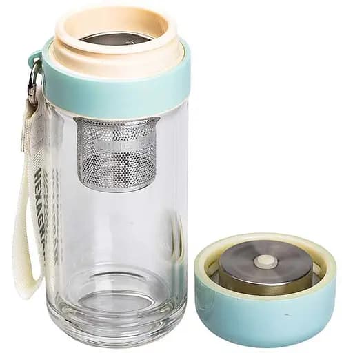 Термос стеклянный Hexagram 240 мл с двойными стенками и заварником, бирюзовый Yiwu HP-14-40GR - фото 3