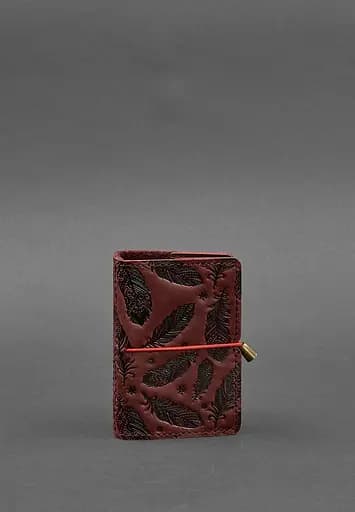Женский кожаный кард-кейс 7.0 бордовый с перьями. - фото 2