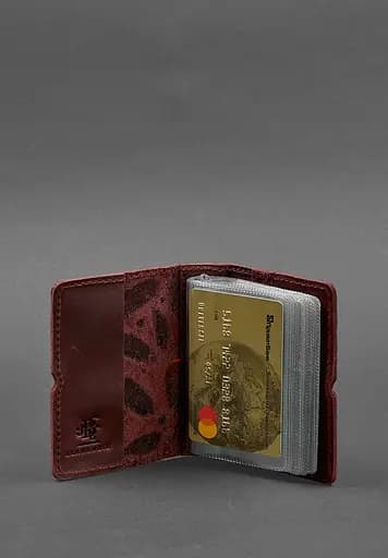 Женский кожаный кард-кейс 7.0 бордовый с перьями. - фото 3