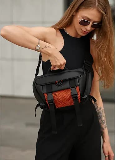 Женская сумка бананка Sambag Dynamicdart черно-оранжевая 38 × 21 × 7 см (80411129) - фото 5