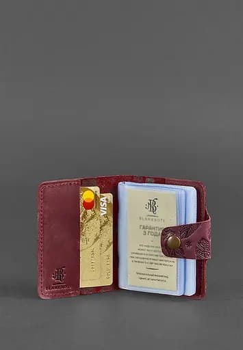 Женский кожаный кард-кейс 7.1 (Книжечка) бордовый с перьями. - фото 3