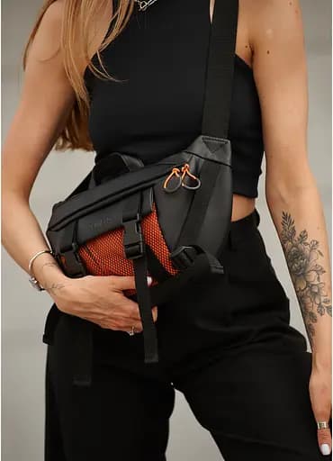 Женская сумка бананка Sambag Dynamicdart черно-оранжевая 38 × 21 × 7 см (80411129) - фото 7