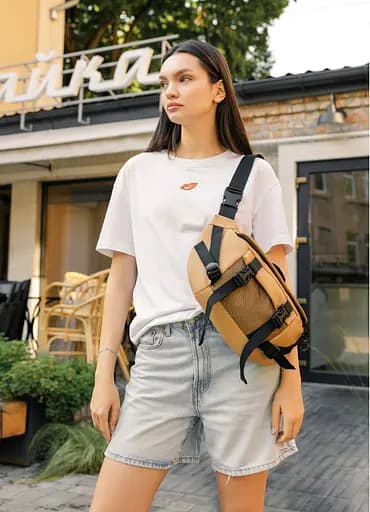 Большая женская поясная сумка бананка Sambag DynamicDart бежевая 38×21×7 см (80411026) - фото 1