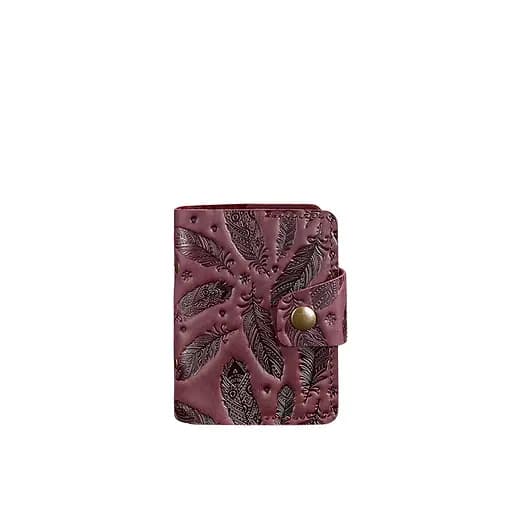 Женский кожаный кард-кейс 7.1 (Книжечка) бордовый с перьями. - фото 7