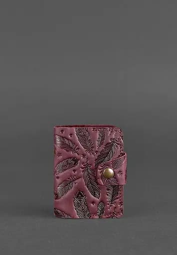 Женский кожаный кард-кейс 7.1 (Книжечка) бордовый с перьями. - фото 2