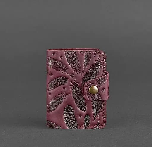 Женский кожаный кард-кейс 7.1 (Книжечка) бордовый с перьями. - фото 6