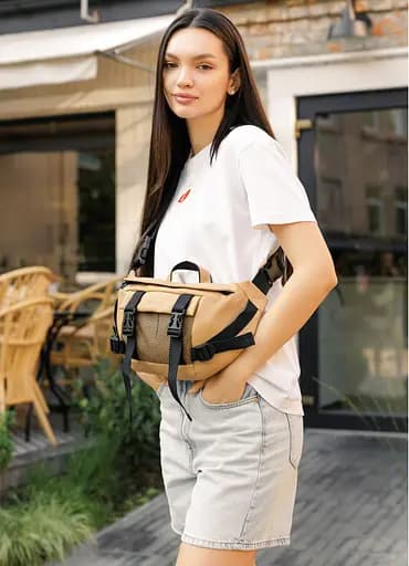 Большая женская поясная сумка бананка Sambag DynamicDart бежевая 38×21×7 см (80411026) - фото 4