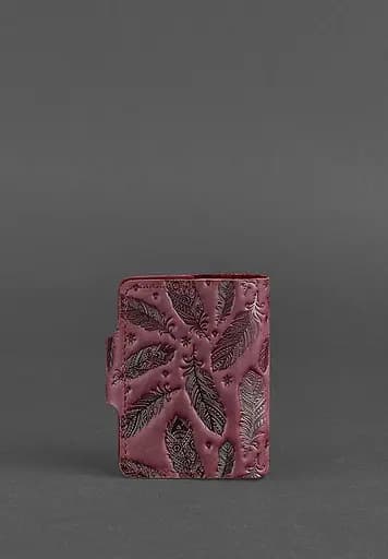 Женский кожаный кард-кейс 7.1 (Книжечка) бордовый с перьями. - фото 5