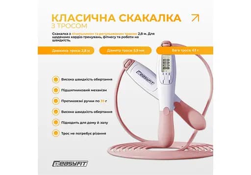 Скакалка без шнура EasyFit TwinRope со счетчиком 2,8 м белый-розовый (EF-1909-WP) - фото 2