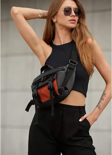 Женская сумка бананка Sambag Dynamicdart черно-оранжевая 38 × 21 × 7 см (80411129) - фото 4