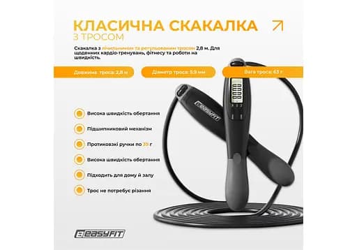 Скакалка со счетчиком EasyFit TwinRope скоростная 2,8 м черно-серая (EF-1909-GY) - фото 2