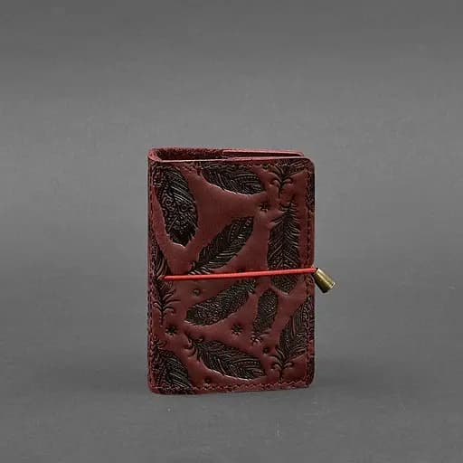 Женский кожаный кард-кейс 7.0 бордовый с перьями. - фото 6