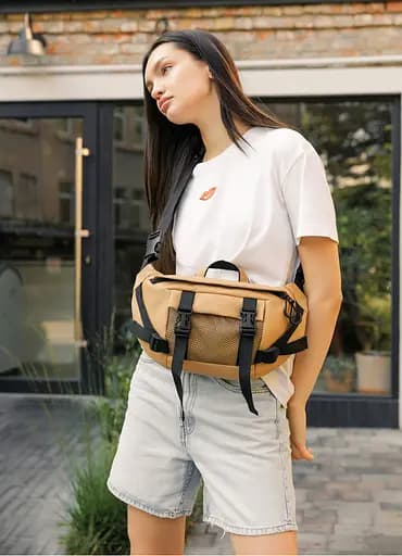 Большая женская поясная сумка бананка Sambag DynamicDart бежевая 38×21×7 см (80411026) - фото 2