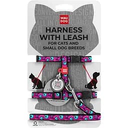 Шлея з повідцем для котів та дрібних порід собак Waudog Nylon з QR паспортом, малюнок "Око монстра", пластиковий фастекс, SX