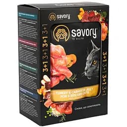 Набір вологих кормів Savory 3+1 для стерилізованих котів, індичка з морквою в желе 340 г (4 шт. х 85 г)