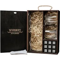 Подарочный набор Whiskey Stones камни для виски в деревянном пенале №7 + 2 стакана Bormioli Rocco Selecta + щипцы + мешочек