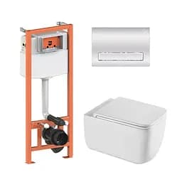 Подвесной унитаз Qtap Gemini Ultra Quiet + инсталляция Qtap Nest 4 в 1 (линейная клавиша Chrome), Белый