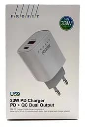 Блок живлення зарядний адаптер Profit U59 33 W 2 виходи USB + Type-C
