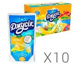 Джусік, Упаковка 10 шт. х 0,2 л, Напій соковий Ананас-Кокос, з трубочкою