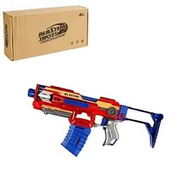 Детский бластер с мягкими патронами, синий, съемный приклад и магазин.
