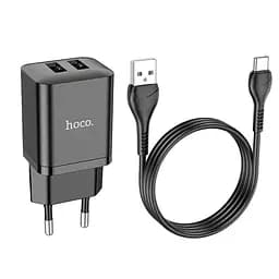 Адаптер мережевий HOCO Type-C Cable Maker dual port charger set N25 набір чорний 2USB - мініатюра 7