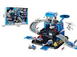 Трек-паркинг с транспортом, 3 металлопластиковые машинки, вертолет, 3 уровня, муляжи окружения, наклейки 666-12