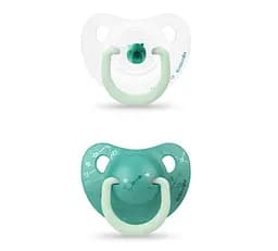 Пустушка анатомічна Suavinex Ведмедик, 0-6 міс., нічна, зелений з білим, 2 шт. (306803)