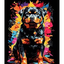 Набор для росписи по номерам Ротвейлер на фоне цветных цветов, Strateg, на черном фоне, 30x40 см
