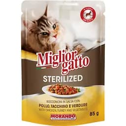 Вологий корм для стерилізованих котів Migliorgatto Sterilized курка та індичка шматочки в соусі 85 г
