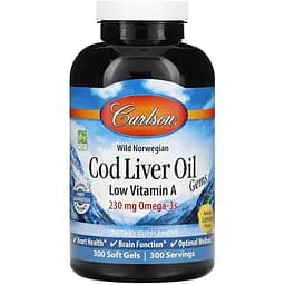 Риб'ячий жир з печінки тріски Carlson Labs Cod Liver Oil Gems з низьким вмістом вітаміну А 300 капсул смак лимона (CAR-01393)