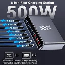 Мережева зарядна станція ILEPO 500W на 2 USB+6 Type-C мультизарядний пристрій потужний блок живлення Black (19339) - мініатюра 4