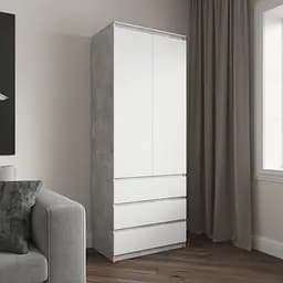 Шафа для одягу Vays R-16 Бетон-Білий фасад, 3 шухляди, полиці, без ручок, ЛДСП, 80×50×211 см – для спальні, вітальні, передпокою