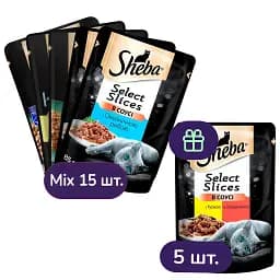 Набір вологого корму для котів Sheba, в асортименті 15 шт. + з куркою та яловичиною в соусі 5 шт. 1.7 кг (20 шт. х 85 г)