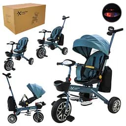 Триколісний велосипед Best trike блакитний колеса PU батар., звук, світло, з батьківскою ручкою та дахом, у кор. 64х41х31,5 см
