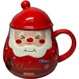 Новорічна кружка Olens Різдвяний помпон з кришкою керамічна 350 мл Червона