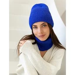 Жіноча в'язана шапка і хомут набір 1 вовна 20% з відворотом Синій