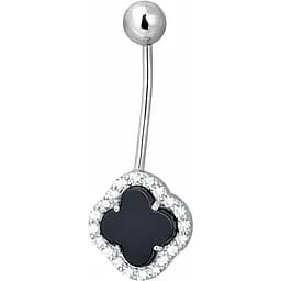 Серебряная серьга для пирсинга пупка Клевер с ониіксом. 6025