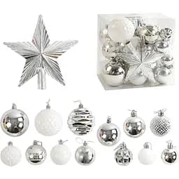 Набір новорічних прикрас 30 кульок на ялинку з верхівкоюзірочкою у наборі, сріблястого кольору (160775)
