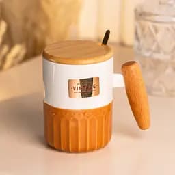 Чашка порцелянова 400 мл Vintage з бамбуковою кришкою та ложкою, помаранчевий з білим Happy Life HP7204BR - мініатюра 8