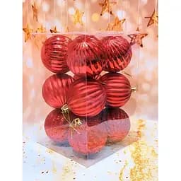 Набір ялинкових іграшок Рельєф пластикових круглих 12 шт 8 см Червоний