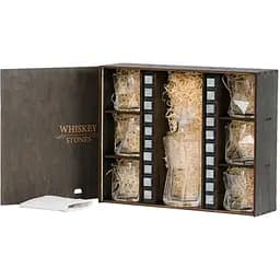Подарунковий набір Whiskey Stones камені для віскі в дерев'яному пеналі №6 + декантер + 6 склянок Rocco Cassiopea + щипці + мішечок