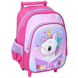 Рюкзак на колесах с выдвижной ручкой N899, имеет два отделения, с принтом маленького единорога, розовый