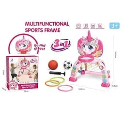 Баскетбол детский 3 кольца, футбол, звуки аплодисментов и животных, песни, насос, 2 мяча, сенсорный щит