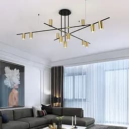 Сучасна чорна люстра на 12 латунних плафонів-спотів | Арт. MD 8021/12 BK+GD | Line F