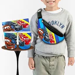 Набір: дитяча сумка-бананка+кружка Тачки Блискавка Маквін 32х15см, бананка для хлопчика через плече на подарунок (00982)