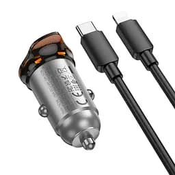 Автомобільний зарядний пристрій Hoco NZ16B 2 Type-C PD 45W metal grey + кабель Type-C to Lightning - мініатюра 5