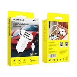 Автомобільний зарядний пристрій Borofone BZ12 2 USB білий + кабель USB to Lightning - мініатюра 4