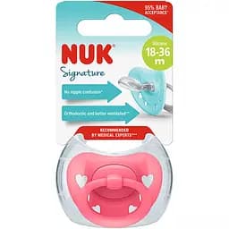 Пустышка силиконовая Nuk Signature, ортодонтическая, 18-24 мес., розовая (3952418)