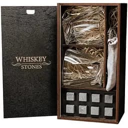 Подарочный набор Whiskey Stones камни для виски в деревянном пенале 8 шт. + 2 стакана Bohemia Quadro + щипцы + мешочек